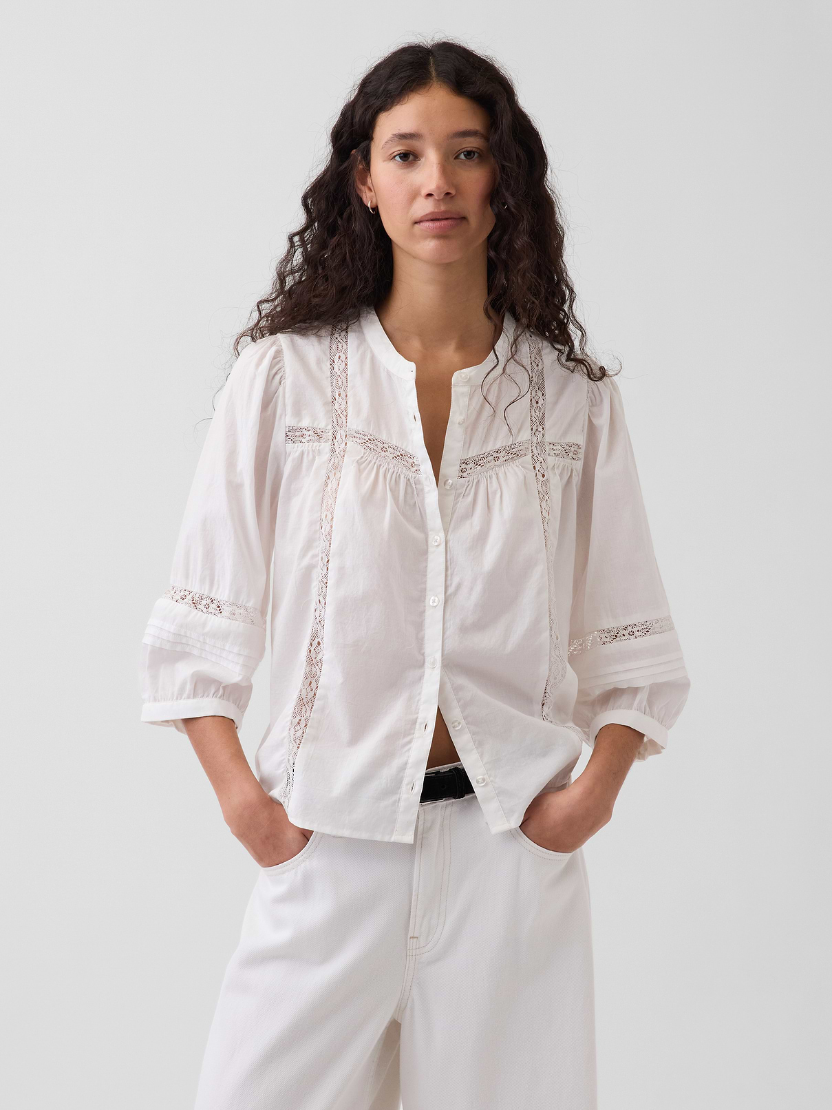 Lace-Trim Button-Front Swing Top