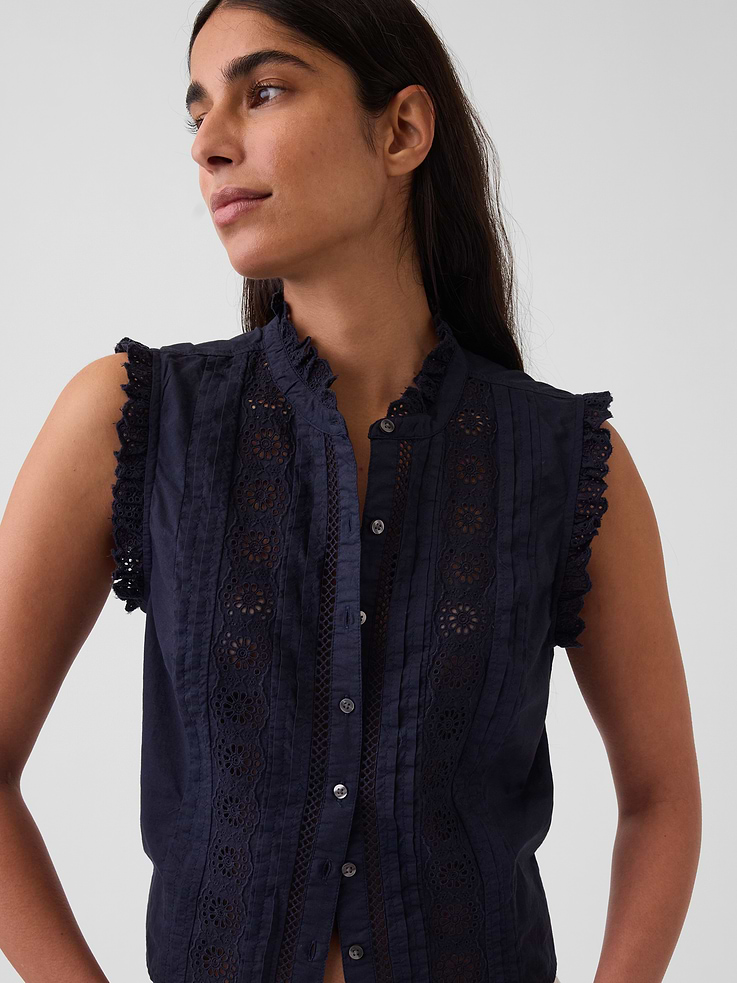 Image number 4 showing, Lace-Trim Pintuck Button-Front Top