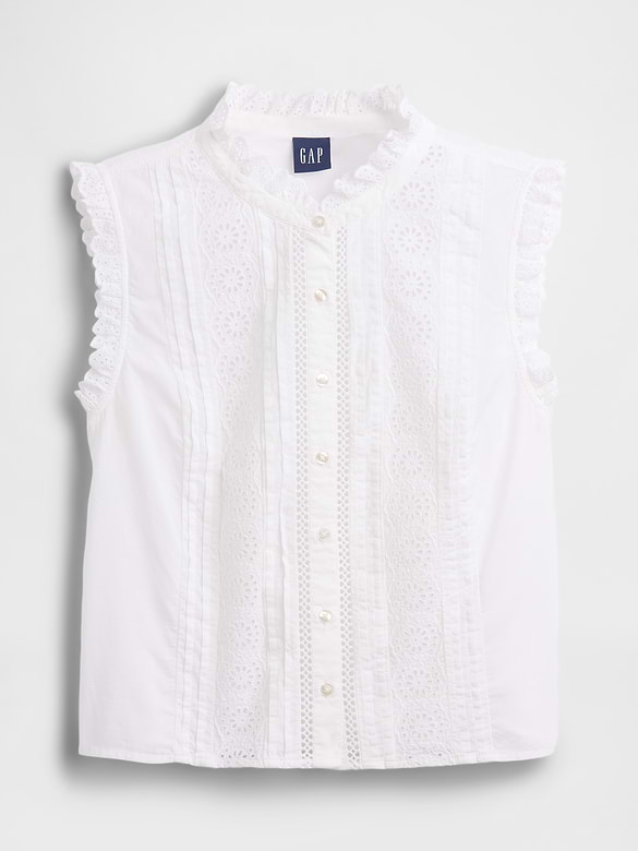 Lace-Trim Pintuck Button-Front Top