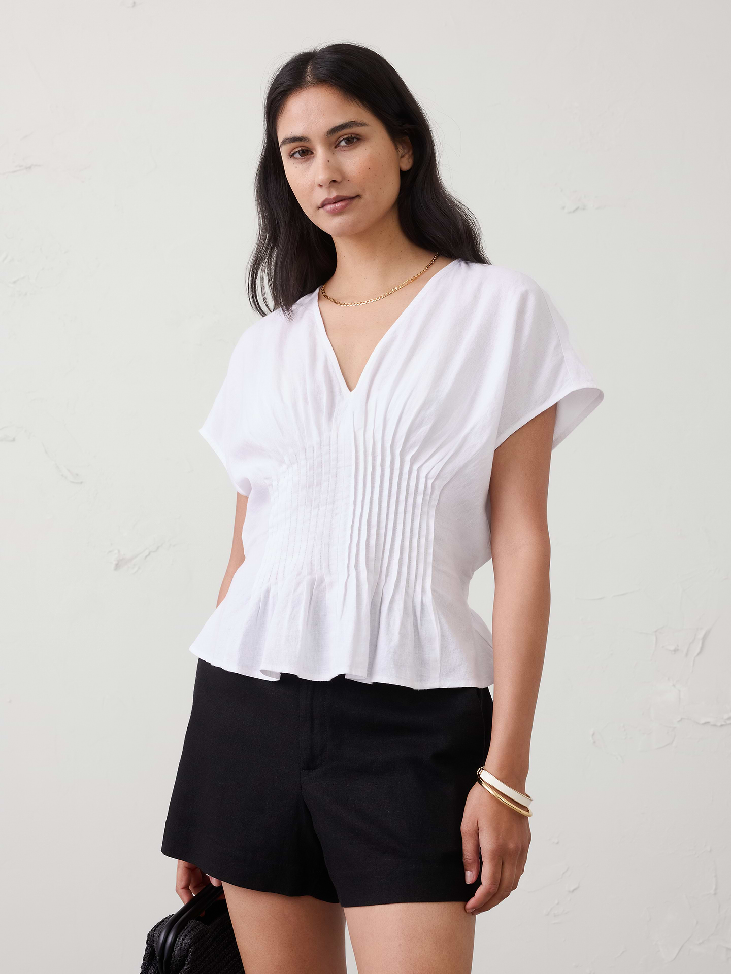 Image number 1 showing, Linen-Blend Pintuck-Waist Top