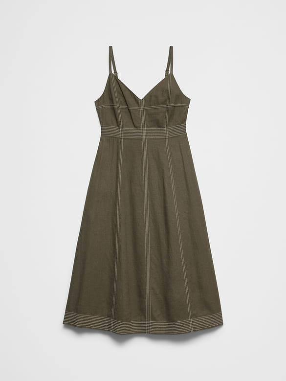Linen-Blend Contrast Stitch Midi Dress