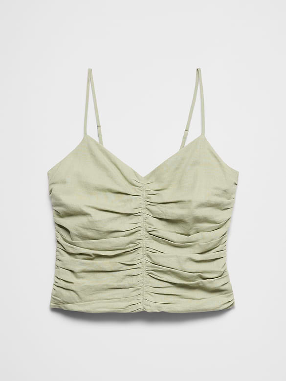 Linen-Blend Strappy Ruched Top