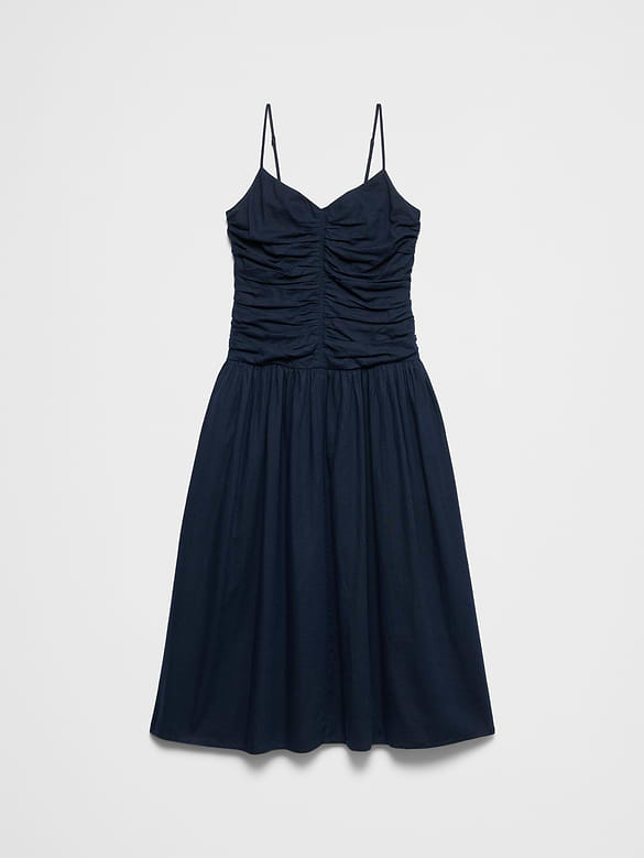 Linen-Blend Strappy Ruched-Bodice Maxi Dress