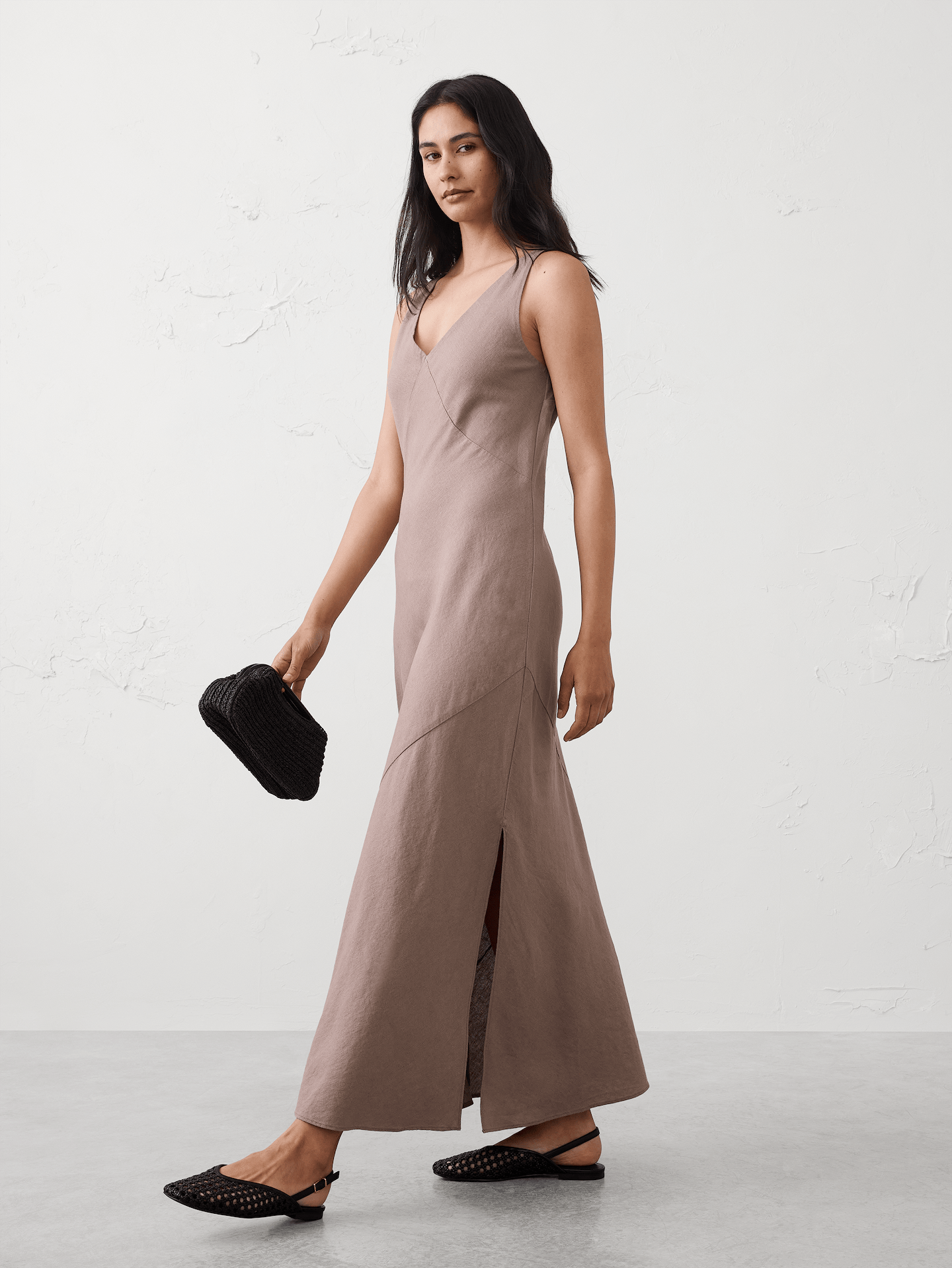Image number 1 showing, Linen-Blend Side-Slit Maxi Dress