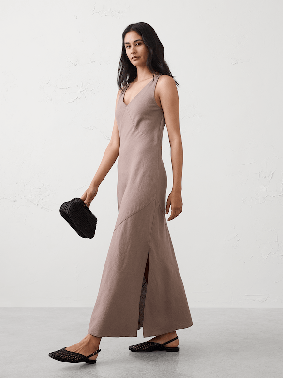 Linen-Blend Side-Slit Maxi Dress