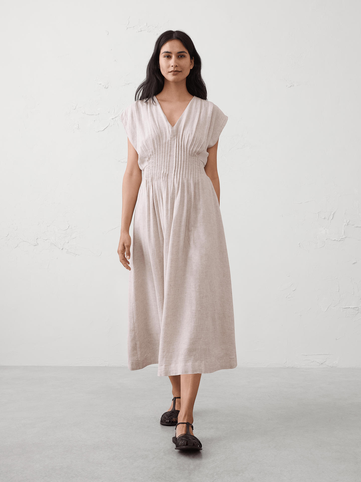 Image number 1 showing, Linen-Blend Pleated-Waist Midi Dress