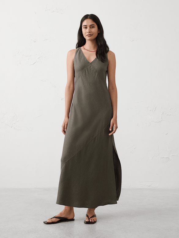 Linen-Blend Side-Slit Maxi Dress