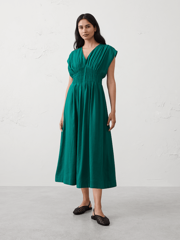 Linen-Blend Pleated-Waist Midi Dress