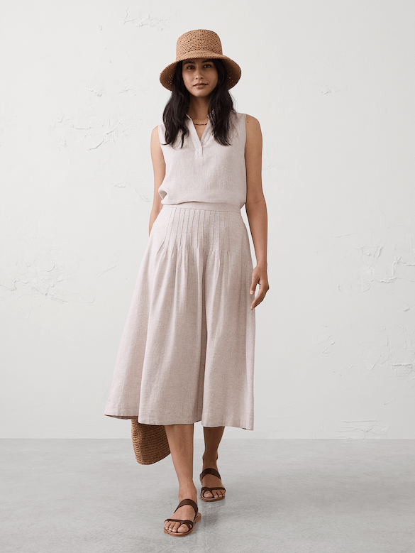 Linen-Blend Pintuck Midi Skirt