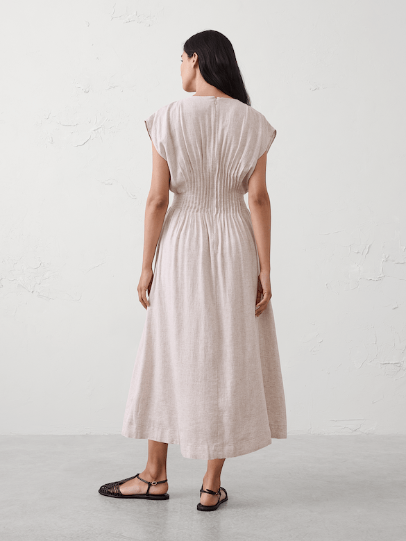 Linen-Blend Pleated-Waist Midi Dress