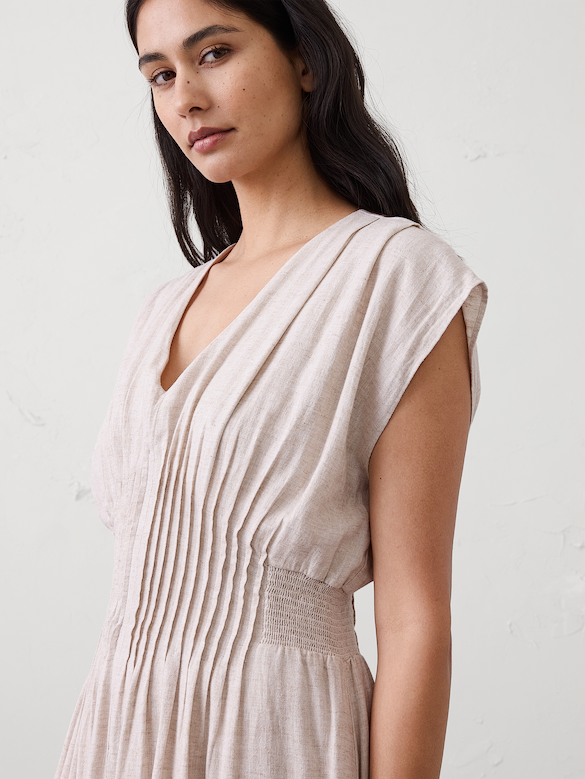 Linen-Blend Pleated-Waist Midi Dress