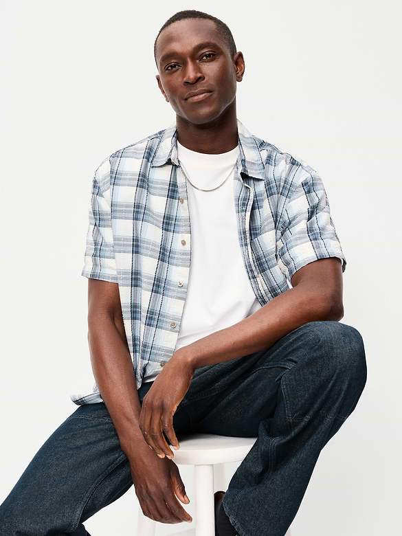 Loose Fit Textured Plaid Pocket Shirt