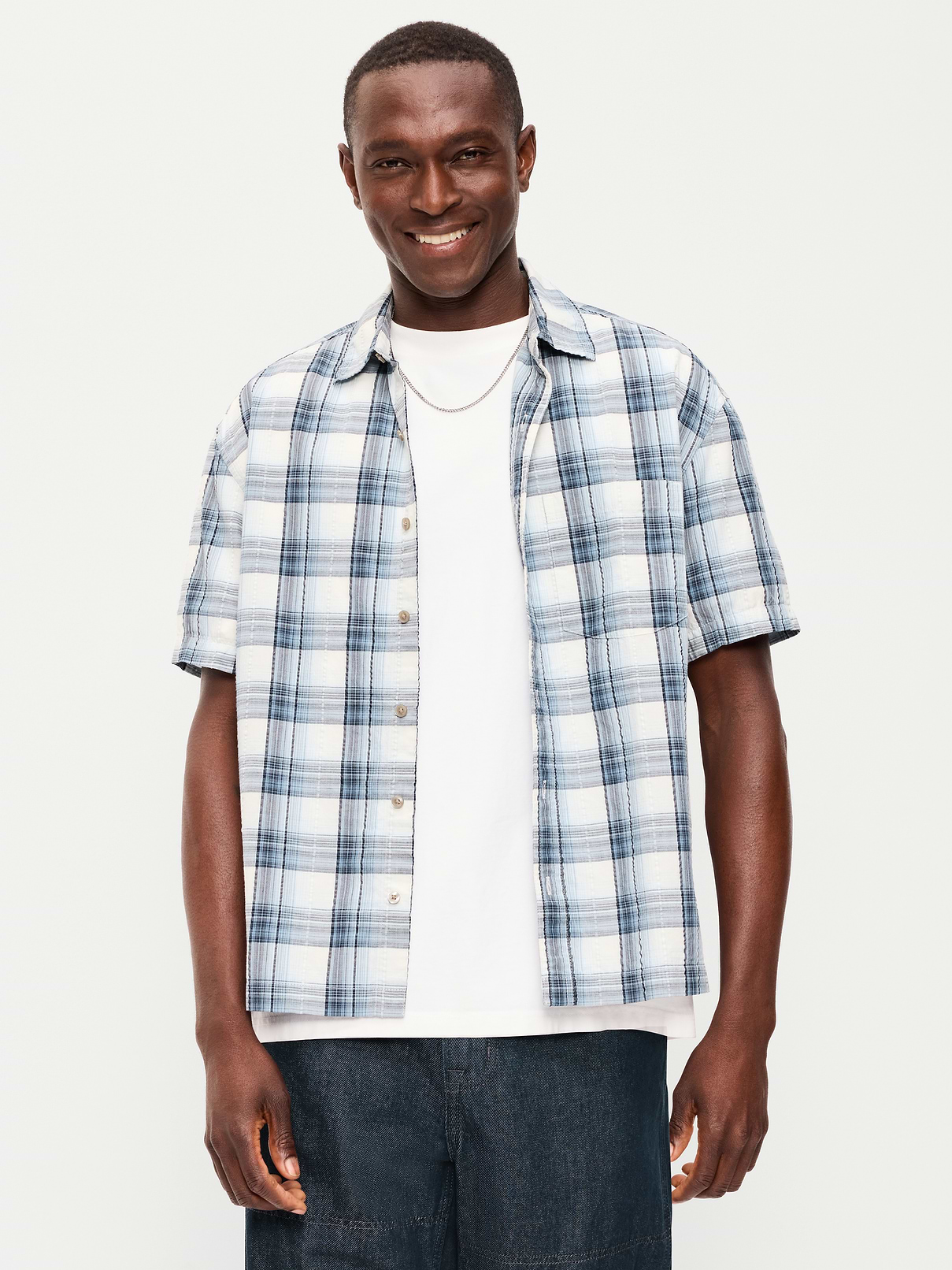 Loose Fit Textured Plaid Pocket Shirt