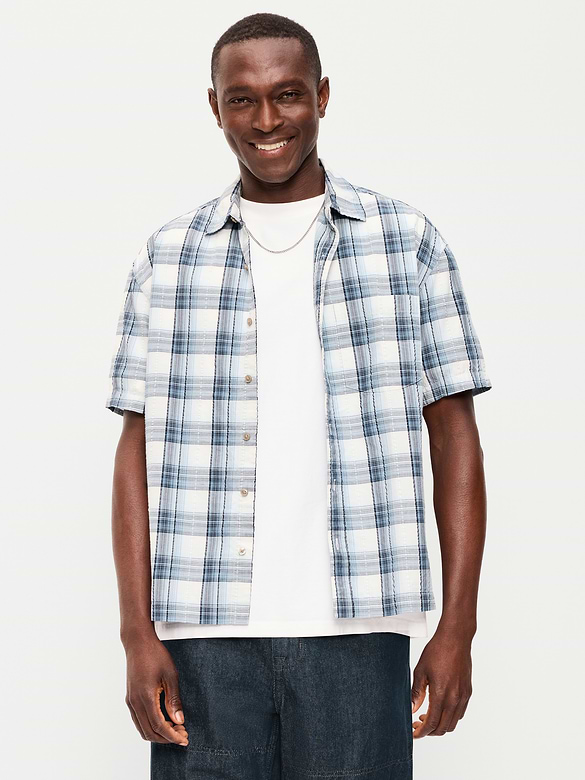 Loose Fit Textured Plaid Pocket Shirt