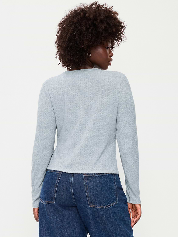 Long-Sleeve Button-Front Pointelle Top