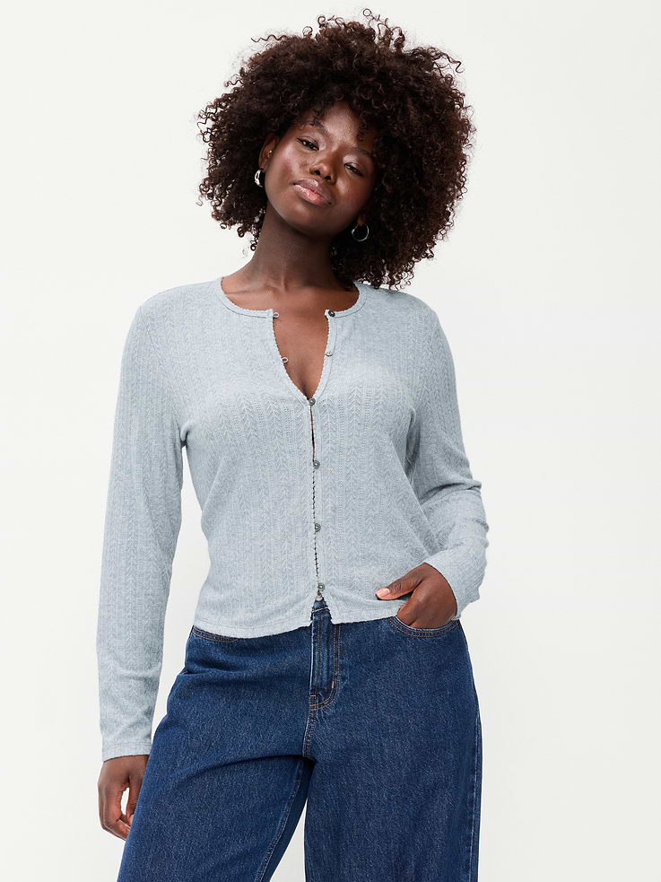 Image 5 of 8, Long-Sleeve Button-Front Pointelle Top