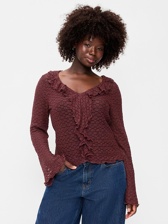 Fitted Bell-Sleeve Ruffle Top