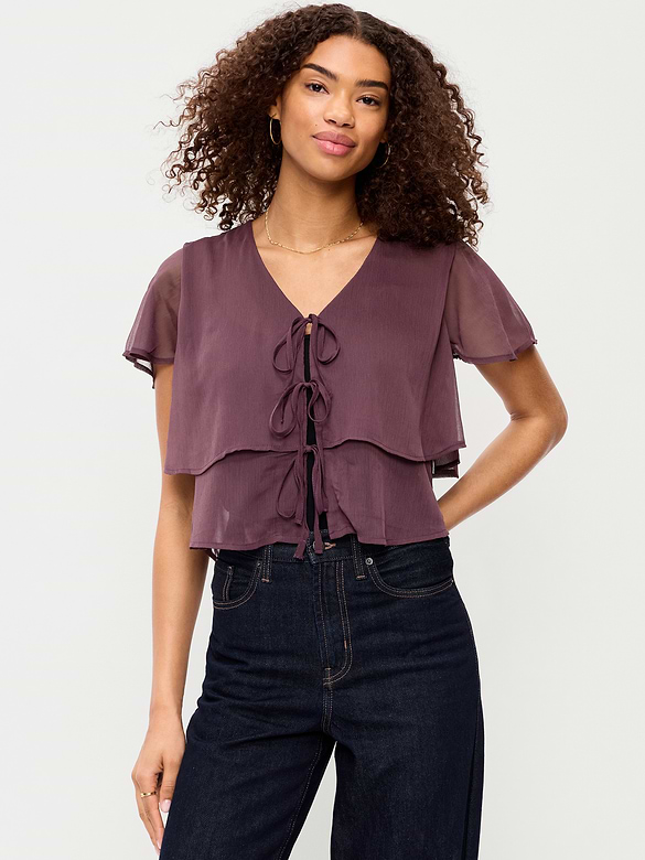 Chiffon Tie-Front Flutter-Sleeve Top