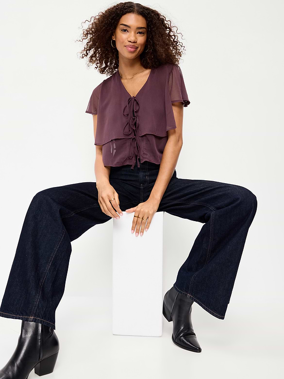 Chiffon Tie-Front Flutter-Sleeve Top