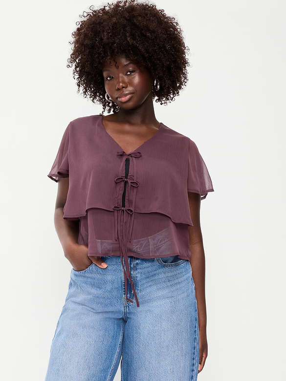 Chiffon Tie-Front Flutter-Sleeve Top