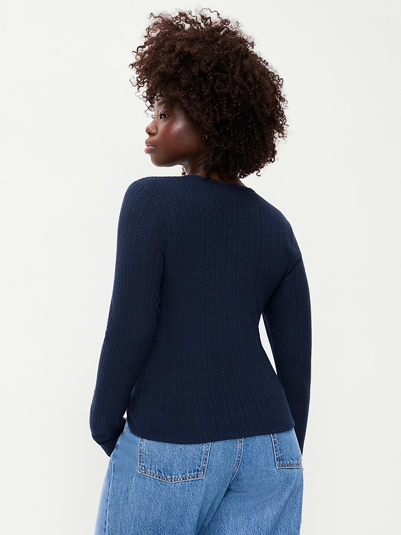 Long-Sleeve Button-Front Cutout Pointelle Top