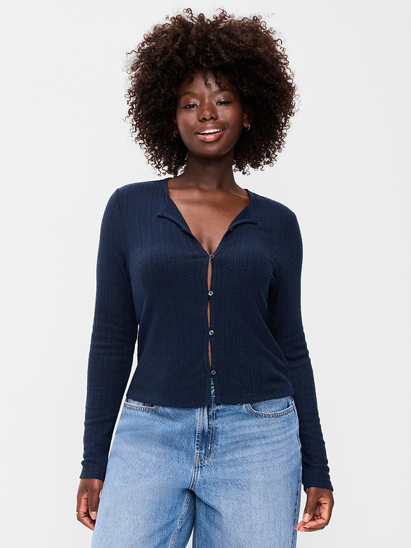 Long-Sleeve Button-Front Cutout Pointelle Top