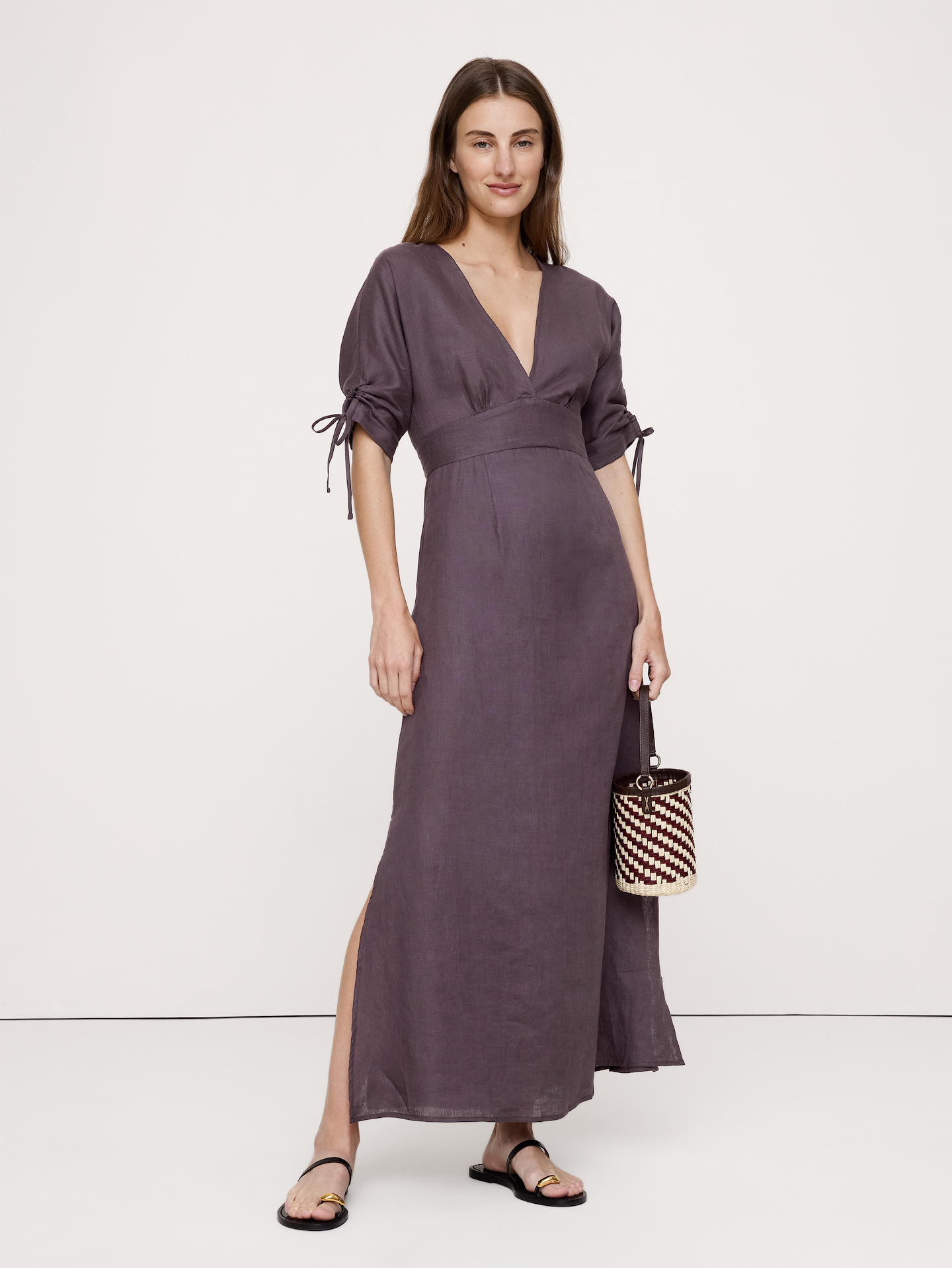 Image number 1 showing, Linen Tie-Sleeve Midi Dress