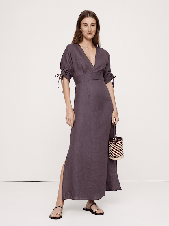 Linen Tie-Sleeve Midi Dress