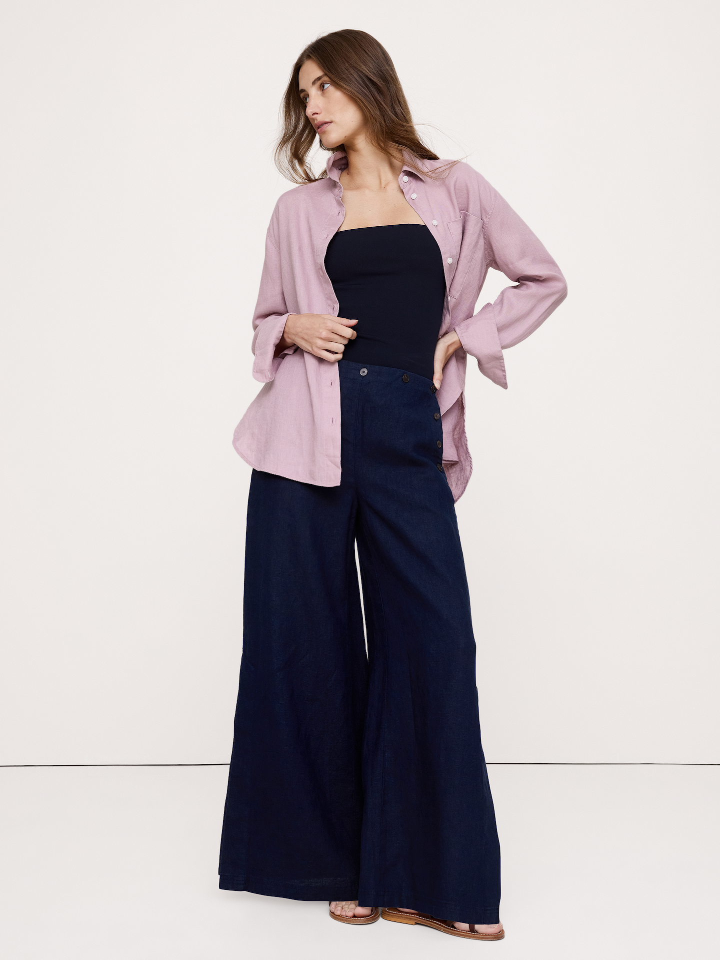 Image number 1 showing, High-Rise Wide-Leg Linen Pull-On Sailor Pant