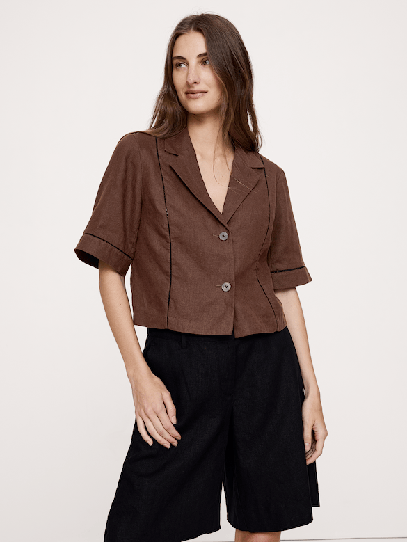 Linen Short-Sleeve Blazer Top