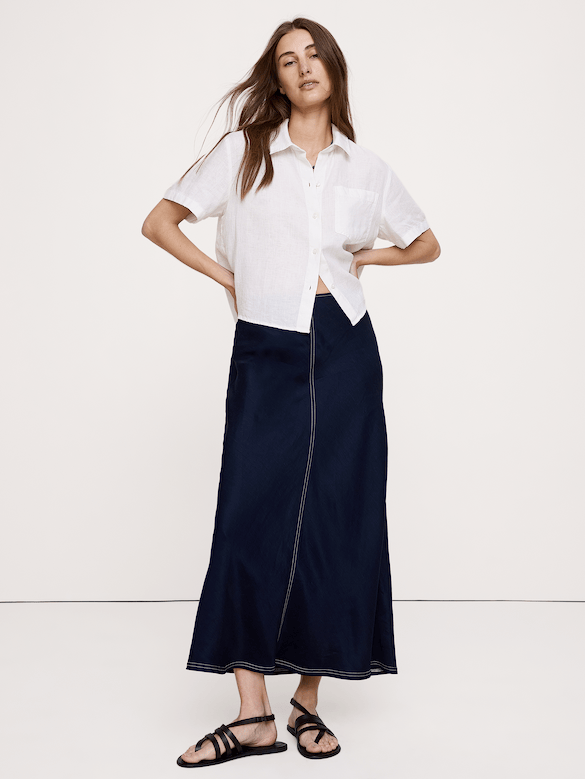 Jupe longue en lin et viscose taillée en biais
