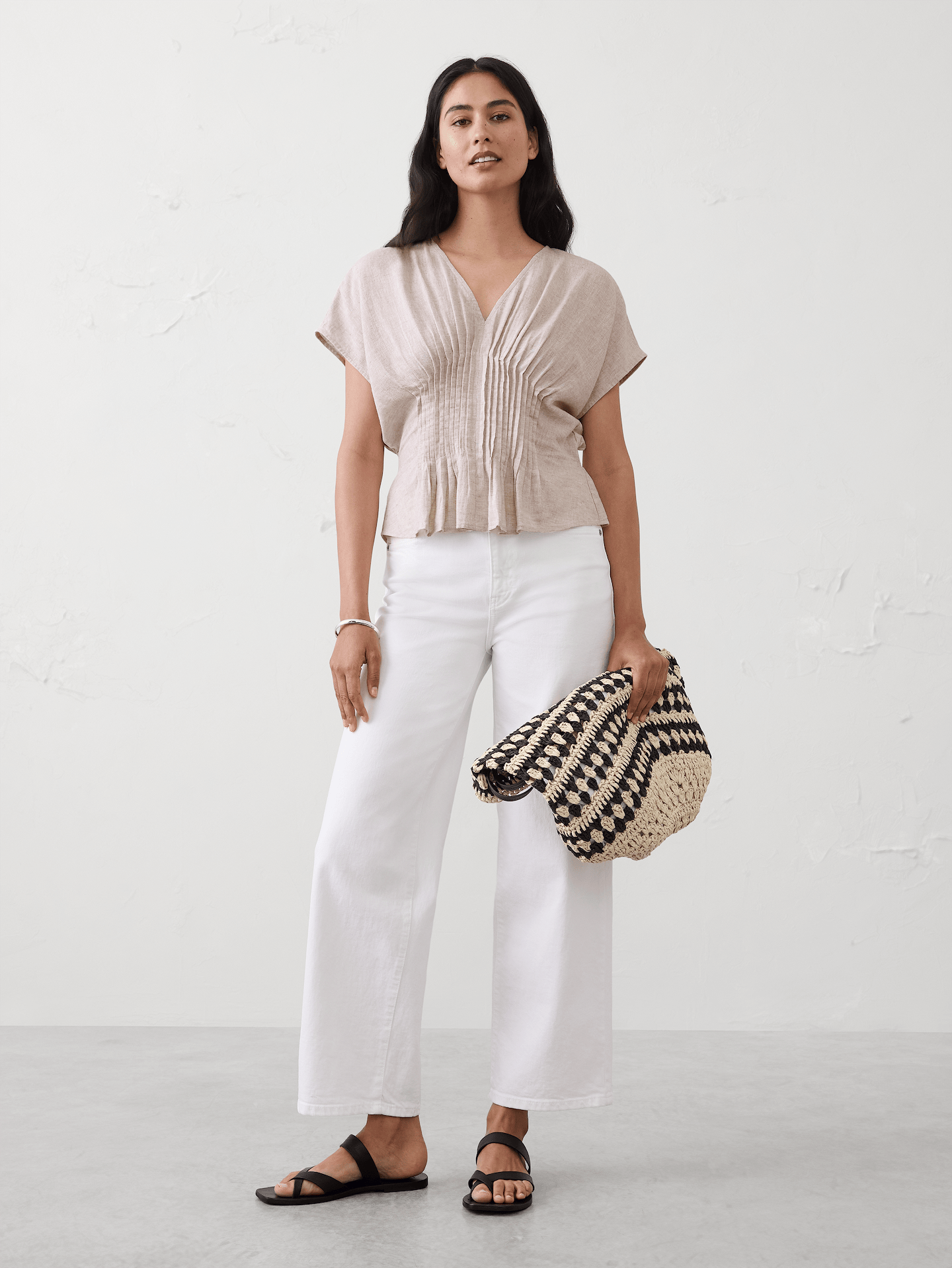 Image number 1 showing, Linen-Blend Pintuck-Waist Top