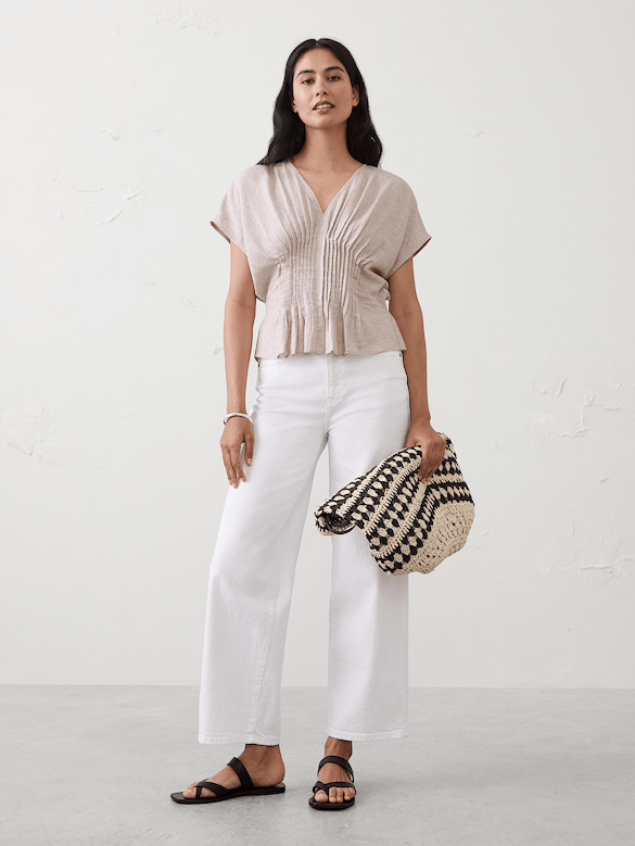 Linen-Blend Pintuck-Waist Top