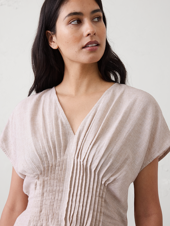 Linen-Blend Pintuck-Waist Top