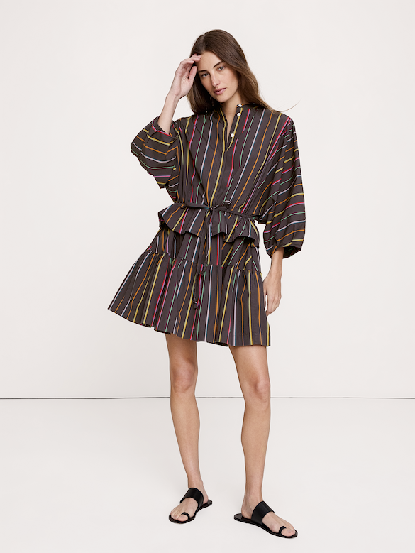 Cotton Poplin Drawstring-Waist Mini Dress