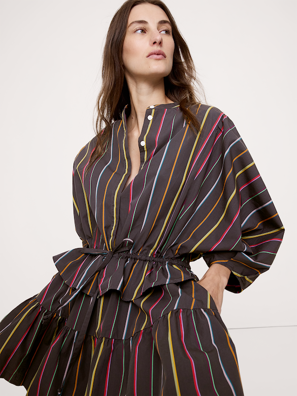 Cotton Poplin Drawstring-Waist Mini Dress