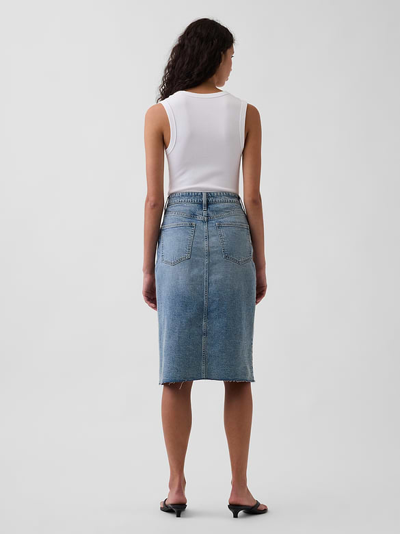 High Rise Denim Midi Pencil Skirt