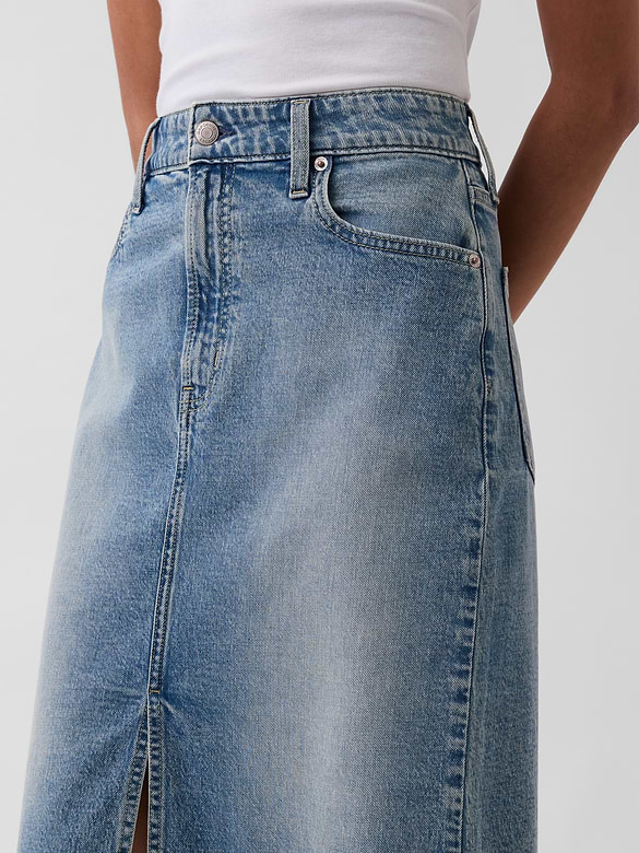 High Rise Denim Midi Pencil Skirt