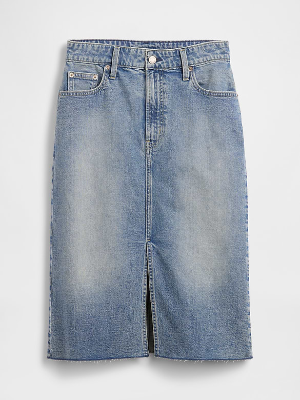 High Rise Denim Midi Pencil Skirt