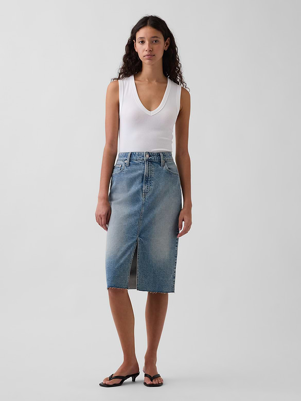 High Rise Denim Midi Pencil Skirt