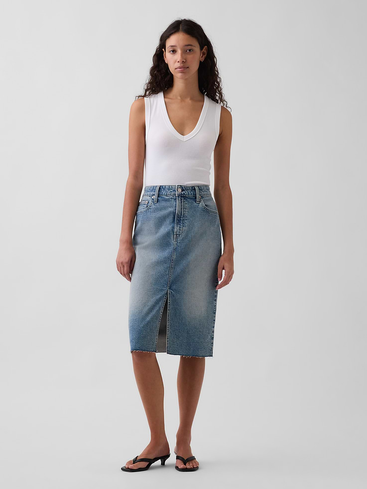 Image number 1 showing, High Rise Denim Midi Pencil Skirt