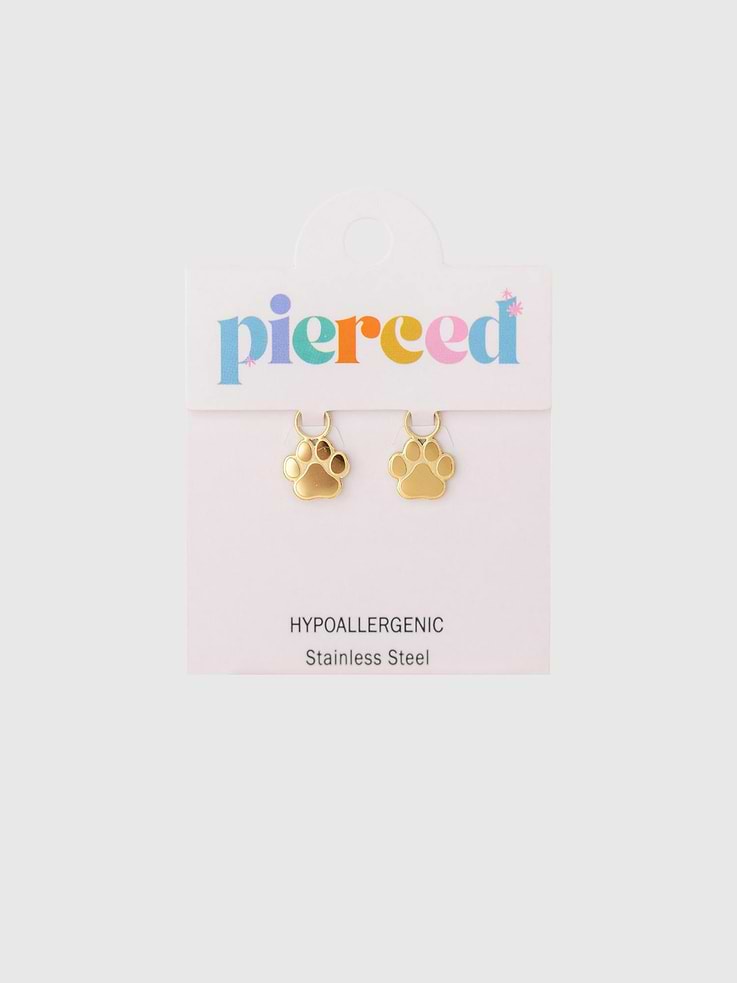 Image 1 of 3, Keep your love for animals close with our paw print earrings for kids that serve as a meaningful keepsake., These simple and cute paw stud charms instantly transform your huggies into a brand-new pair of earrings., High-quality jewelry made for girls with sensitive ears and intentionally designed for 24/7 wear., Lightweight and highly versatile, they are designed to be a daily staple in her collection.