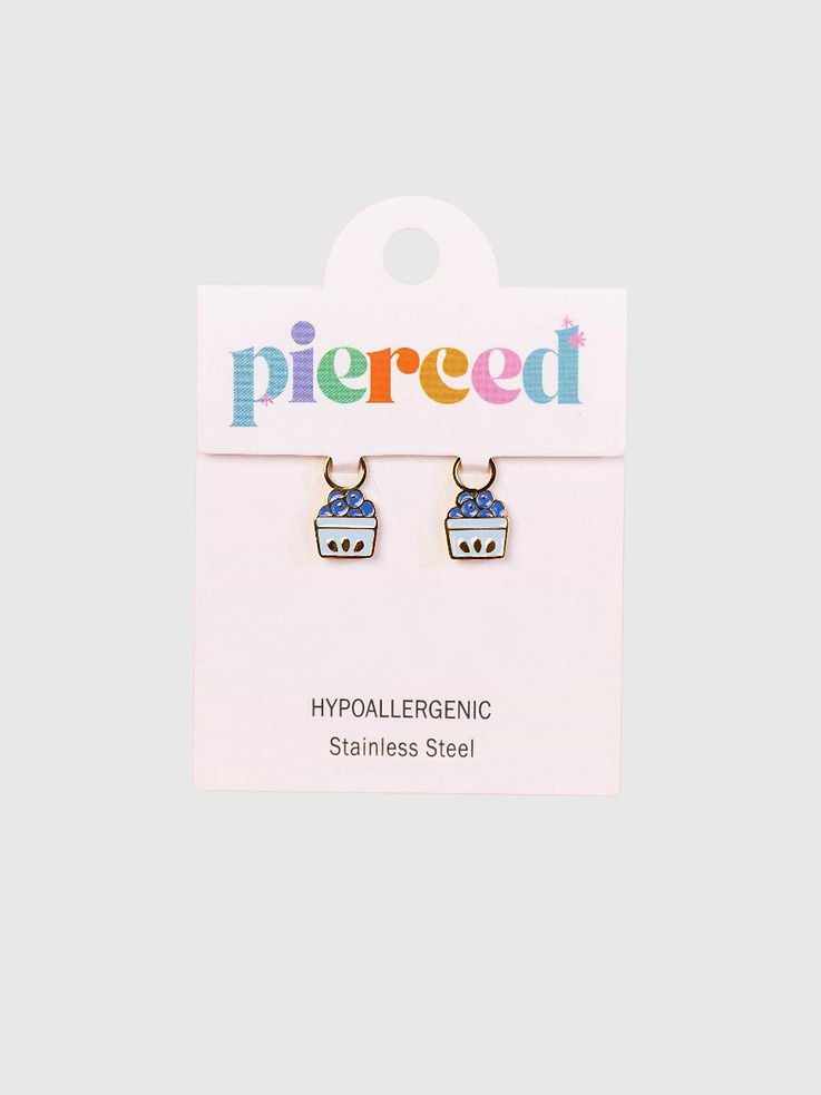Image 1 of 2, Our blueberry charm earrings are the perfect accessory for fruit lovers!, These adorable blueberry charms add a sweet and playful touch to any outfit., Lightweight and easy to wear, they’re perfect for kids and make a thoughtful gift for birthdays, holidays, or everyday style., Interchangeable charms that transform your huggies into a brand new pair of earrings., High-quality jewelry made for girls with sensitive ears and intentionally designed for 24/7 wear., Lightweight and highly versatile, they are designed to be a daily staple in her collection.