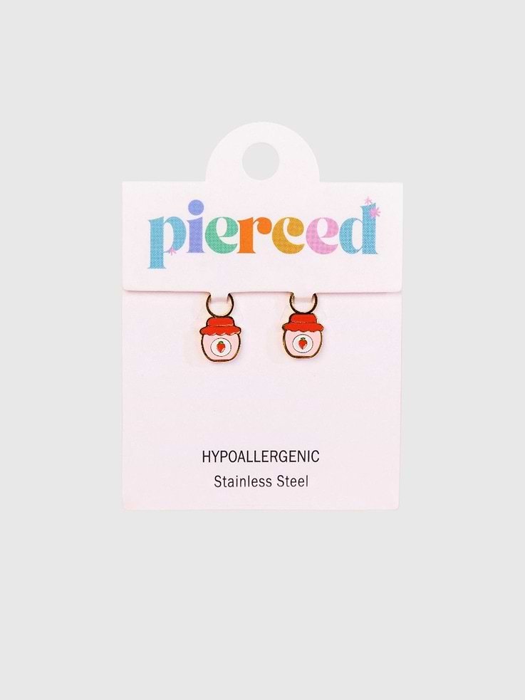 Image 1 of 2, Our strawberry jam charm earrings are the perfect accessory for sweet treat lovers!, These adorable strawberry jam jar charms add a fun and playful touch to any outfit., Lightweight and easy to wear, they’re perfect for kids and make a thoughtful gift for birthdays, holidays, or everyday style., Interchangeable charms that transform your huggies into a brand new pair of earrings., High-quality jewelry made for girls with sensitive ears and intentionally designed for 24/7 wear., Lightweight and highly versatile, they are designed to be a daily staple in her collection.