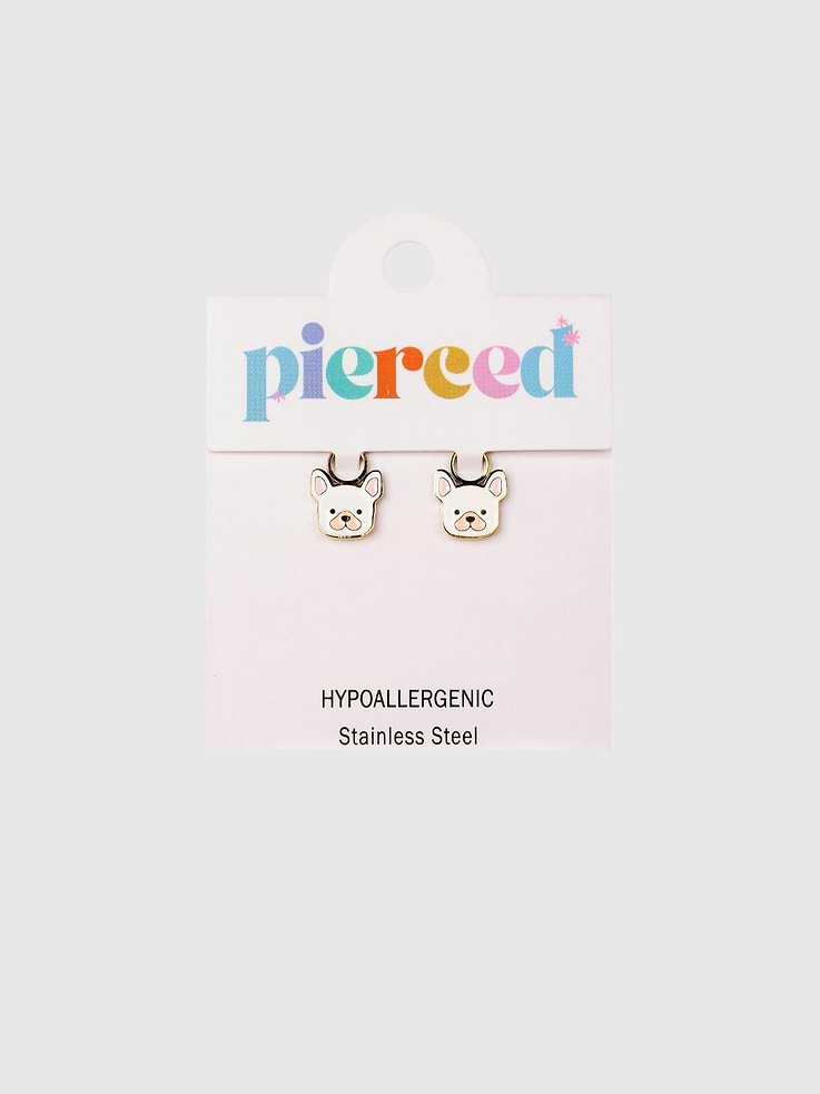Image 1 of 3, Our white dog earrings are the perfect accessory for dog lovers to add personality and fun to any look., These cute dog stud charms instantly transform your huggies into a brand-new pair of earrings., High-quality jewelry made for girls with sensitive ears and intentionally designed for 24/7 wear., Lightweight and easy to wear, they are perfect for kids and make a great gift for any occasion.