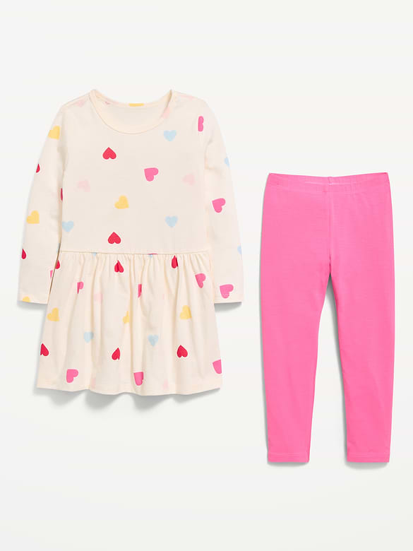 Printed Long-Sleeve Dress and Leggings Set for Toddler Girls