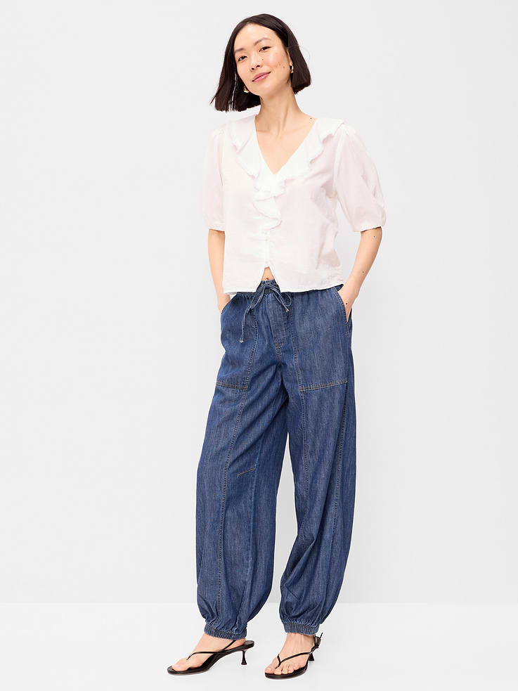 Image number 5 showing, Mid-Rise Pull-On Utility Harem Denim Pants