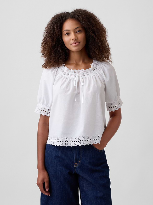 Relaxed Embroidered Tie-Front Top