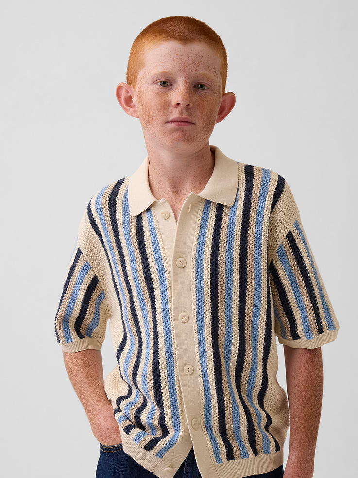 Image number 4 showing, Kids 100% Cotton Crochet Stripe Sweater Shirt