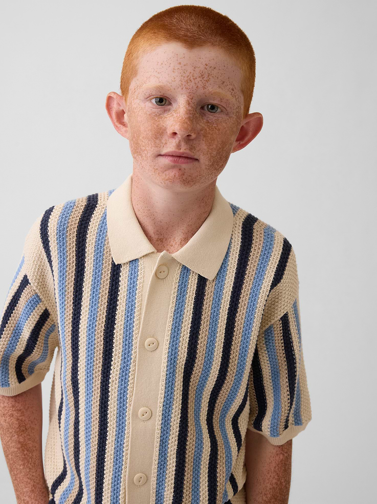 Image number 1 showing, Kids 100% Cotton Crochet Stripe Sweater Shirt